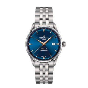 Certina DS-1 Powermatic 80, blå skive med stål lænke og ekstra nylonrem