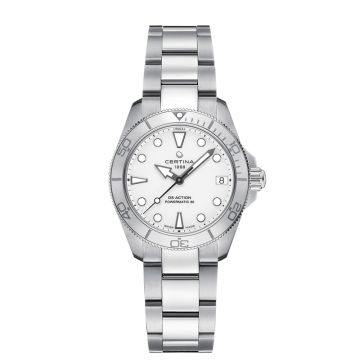 Certina DS Action lady armbåndsur, Powermatic 80 med hvid skive og stål lænke