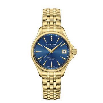 Certina DS Action dameur i guldfarvet stål med blå urskive og diamanter