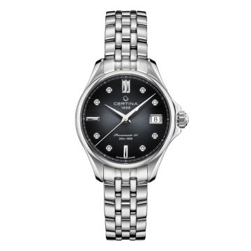 Certina DS Action dameur med diamanter, sort skive og stållænke