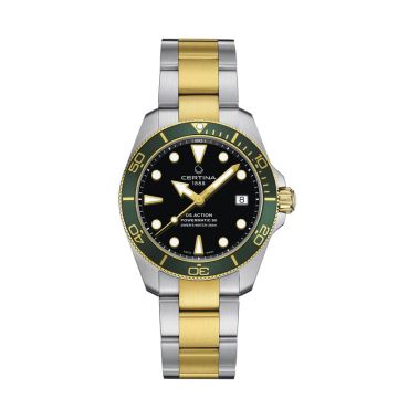 Certina DS Action Powermatic 80 i bicolour med sort skive og grøn krans Ø38