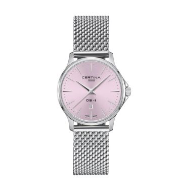 Certina DS 8 dameur i stål med meshlænke og pink skive