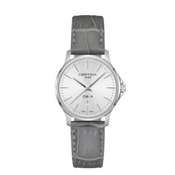 Certina DS 8 dameur i stål med grå læderrem og sølvfarvet skive
