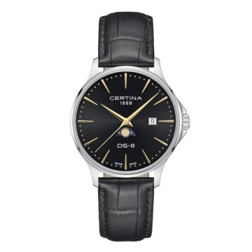 Certina  DS-8 Moonphase herreur i stål med sort læderrem - Ø38