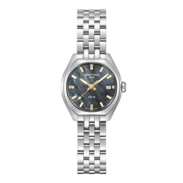 Certina DS-2 dameur i stål med sort perlemorsskive og diamanter