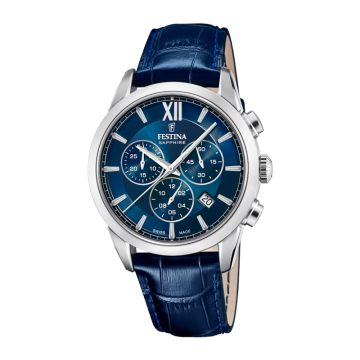 Festina Swiss Made Chrono herreur i stål med blå urskive