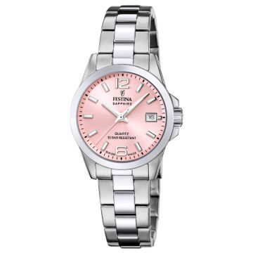 Festina Swiss Made dameur i stål med lyserød urskive