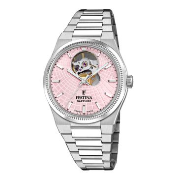 Festina Swiss Made Rivé dameur i stål med lyserød urskive