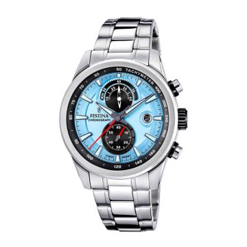 Festina Timeless Chrono herreur i stål med lyseblå urskive