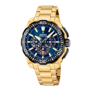 Festina Chrono Bike herreur i guldfarvet med lænke og blå skive - Ø45,5