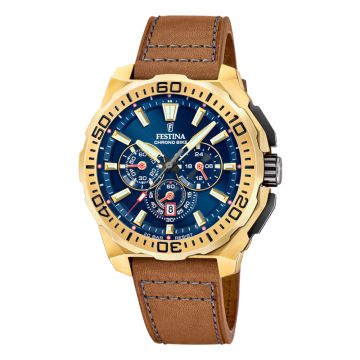 Festina Chrono Bike herreur i guldgarvet med brun læderrem -Ø45,5