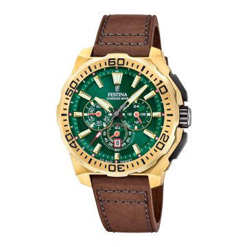 Festina Chrono Bike herreur i guldfarvet med brun rem og grøn skive - Ø45,5