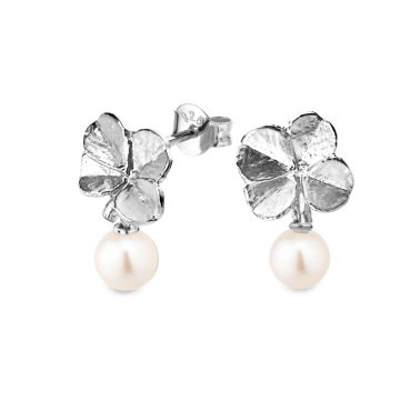 Flora Danica Firkløver øreringe i sølv med perler