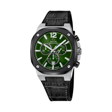 Jaguar Rondcarre Chrono herreur i stål med læderrem - Ø43