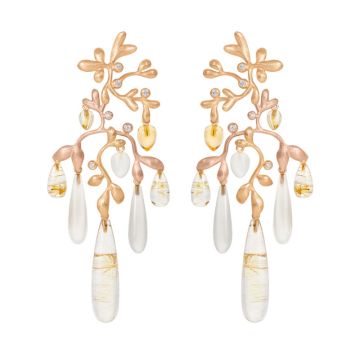 OLE LYNGGAARD COPENHAGEN Gipsy 18 kt rød/rosaguld øreringe. Rutilkvarts, månesten og citrin dråber med 12 brillanter