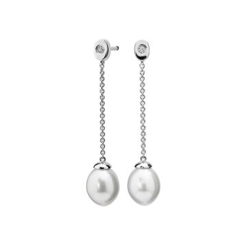 Sølv perleøreringe med kæde og cubic zirkonia