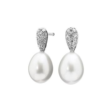 Perleøreringe i sølv med cubic zirkoner