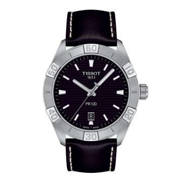 TISSOT PR100 herreur i stål med sort skive og læderrem Ø42