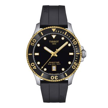Tissot Seastar 1000  herreur i guldfarvet stål med sort gummirem og sort skive Ø40